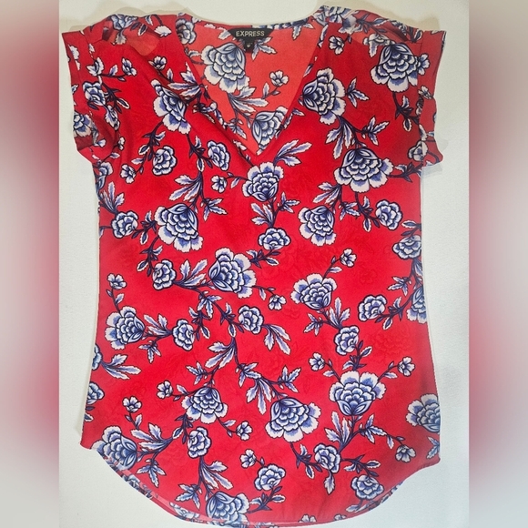 Express Blouse Womens XS‎ V-Neck Cold Shoulder Red Floral Office Fall Top Career - Picture 1 of 9